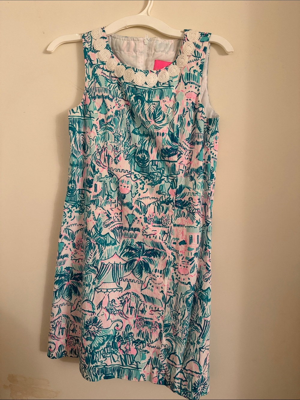 Lilly Pulitzer Pink and Teal Tropical Print Sleeveless Dress with Rosette Neck